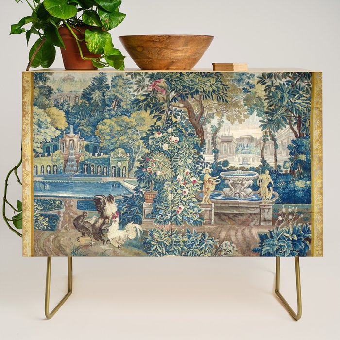Antique French Verdure Chateau Fountain Tapestry Credenza Gallery Image 1