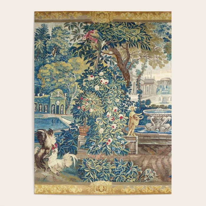 Antique French Verdure Chateau Fountain Tapestry Poster Gallery Image 1