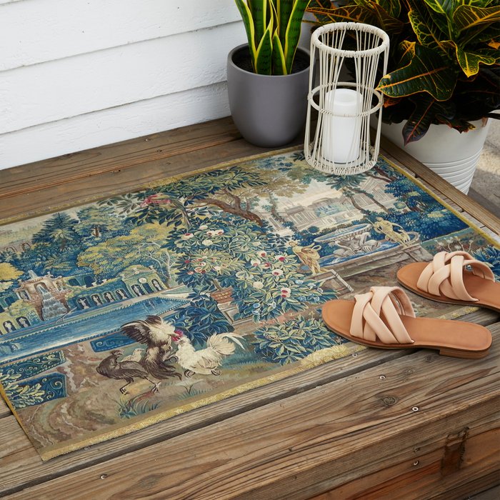 Antique French Verdure Chateau Fountain Tapestry Outdoor Rug Gallery Image 2