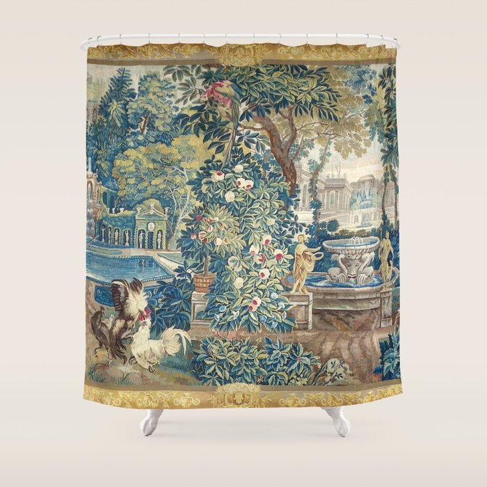 Antique French Verdure Chateau Fountain Tapestry Shower Curtain Gallery Image 1