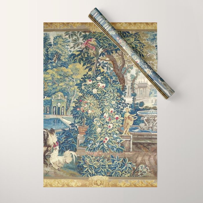 Antique French Verdure Chateau Fountain Tapestry Wrapping Paper Gallery Image 1