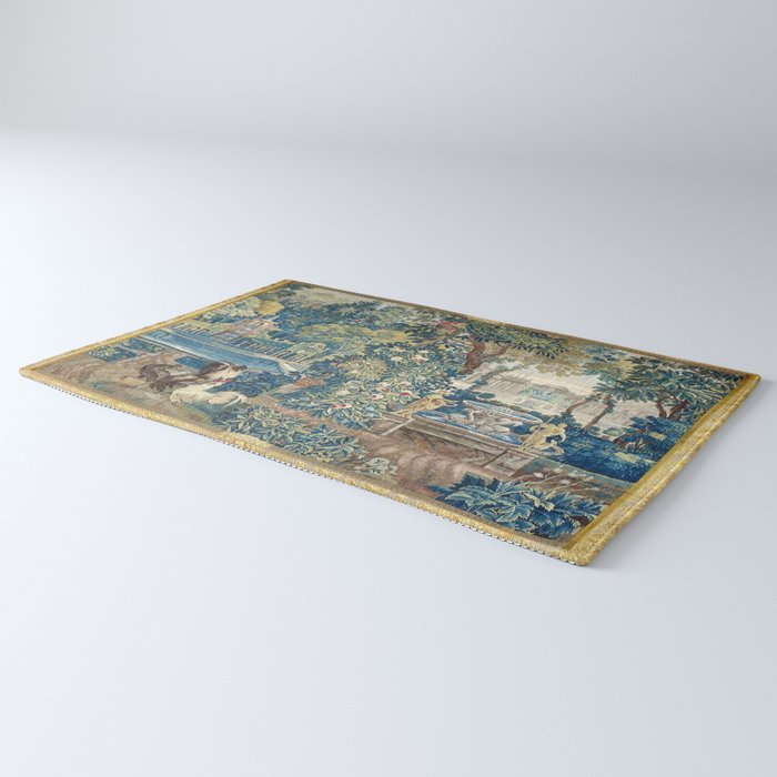 Antique French Verdure Chateau Fountain Tapestry Rug Gallery Image 3