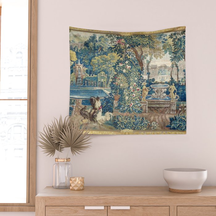 Antique French Verdure Chateau Fountain Tapestry Wall Tapestry Gallery Image 2