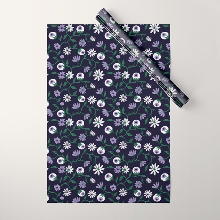 Dark Gothic Floral Garden Flowers and Eyes Creepy Halloween Wrapping Paper Gallery Image 1