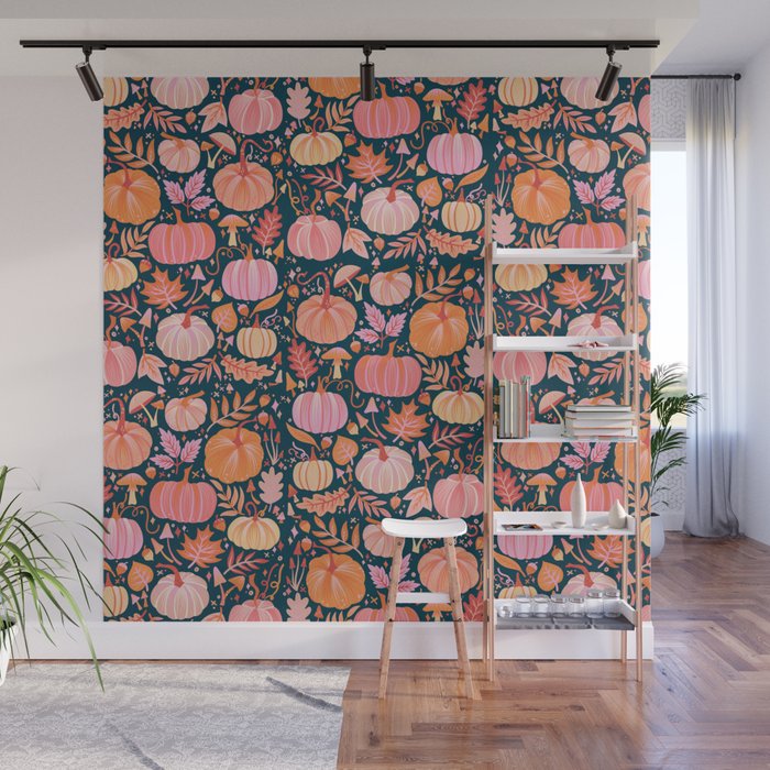 Pumpkin Confetti - Peach on Teal Wall Mural Gallery Image 1