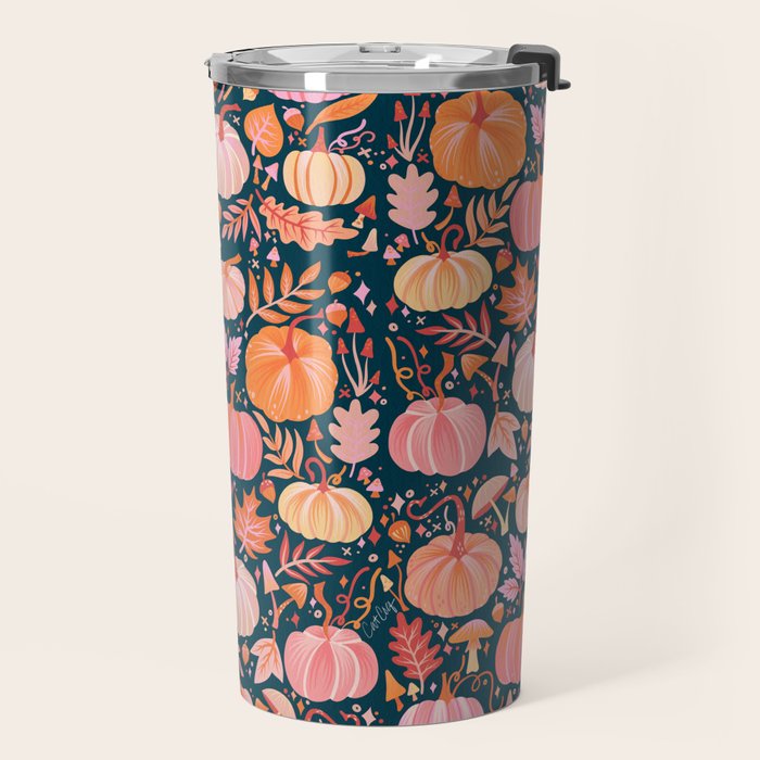 Pumpkin Confetti - Peach on Teal Travel Mug Gallery Image 2