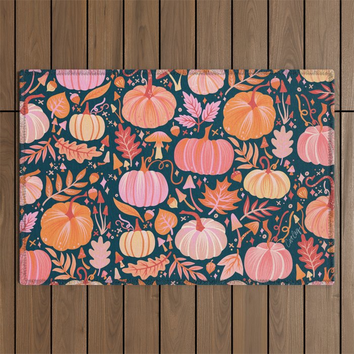 Pumpkin Confetti - Peach on Teal Outdoor Rug Gallery Image 1