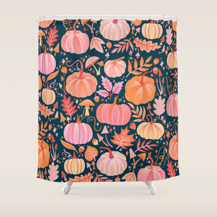 Pumpkin Confetti - Peach on Teal Shower Curtain Gallery Image 1