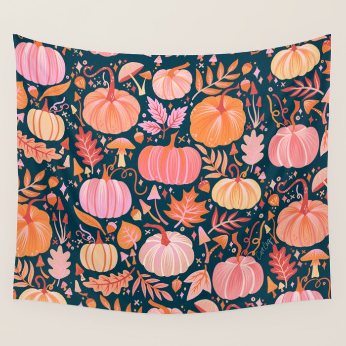 Pumpkin Confetti - Peach on Teal Wall Tapestry Gallery Image 1