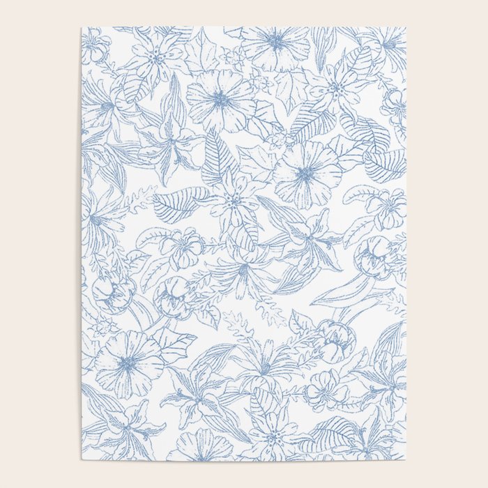 Modern hand drawn white pastel blue floral pattern Poster Gallery Image 1