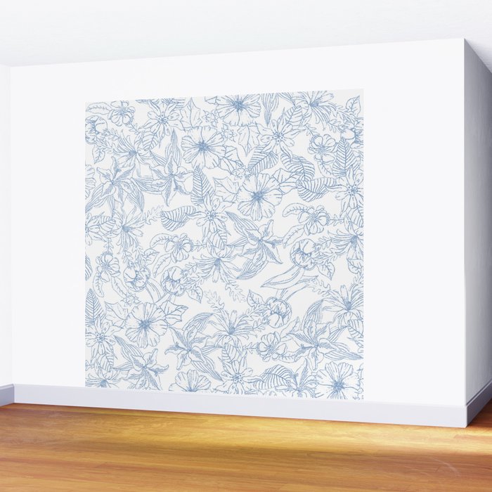 Modern hand drawn white pastel blue floral pattern Wall Mural Gallery Image 2