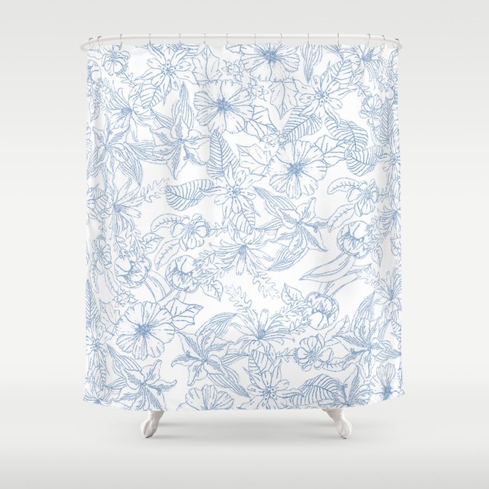 Modern hand drawn white pastel blue floral pattern Shower Curtain Gallery Image 1