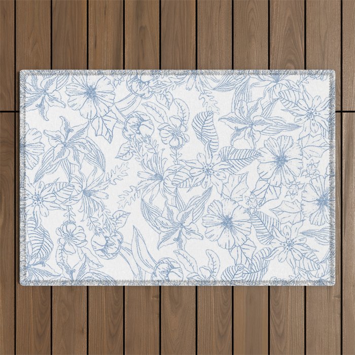 Modern hand drawn white pastel blue floral pattern Outdoor Rug Gallery Image 1