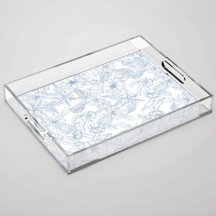Modern hand drawn white pastel blue floral pattern Acrylic Tray Gallery Image 1
