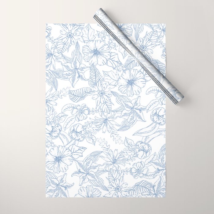 Modern hand drawn white pastel blue floral pattern Wrapping Paper Gallery Image 1