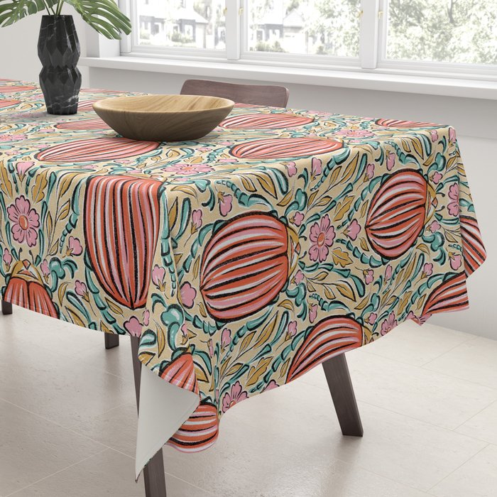 Retro Floral Beetle - pink red gold and teal Tablecloth Gallery Image 3