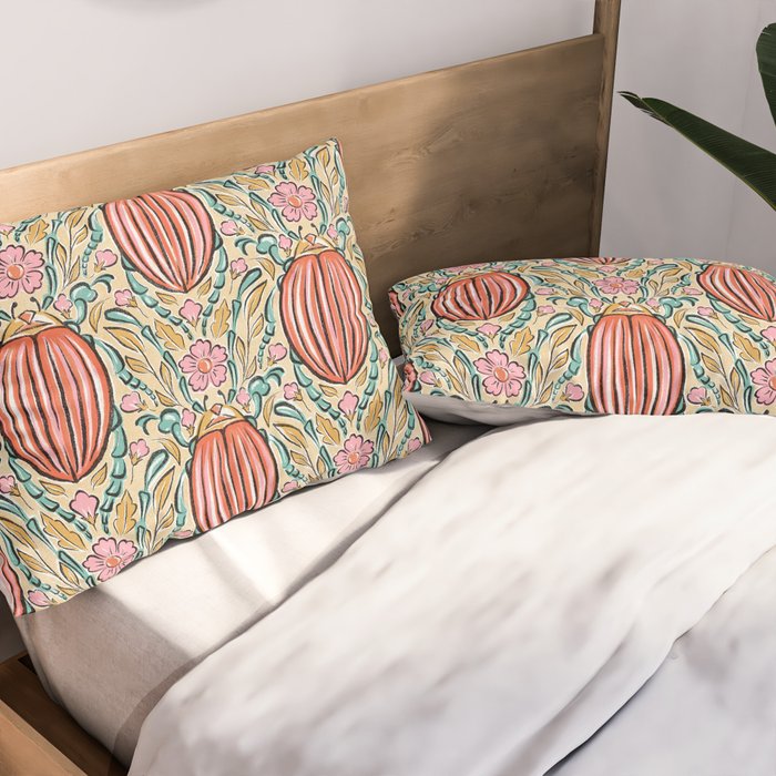Retro Floral Beetle - pink red gold and teal Pillow Sham Gallery Image 2
