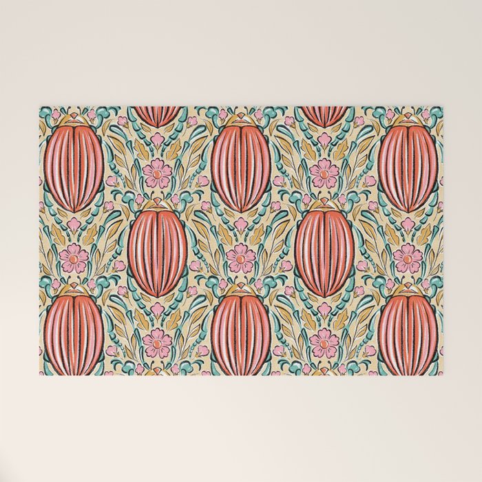 Retro Floral Beetle - pink red gold and teal Welcome Mat Gallery Image 1