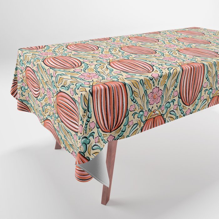 Retro Floral Beetle - pink red gold and teal Tablecloth Gallery Image 1