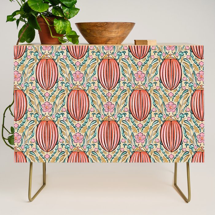 Retro Floral Beetle - pink red gold and teal Credenza Gallery Image 1