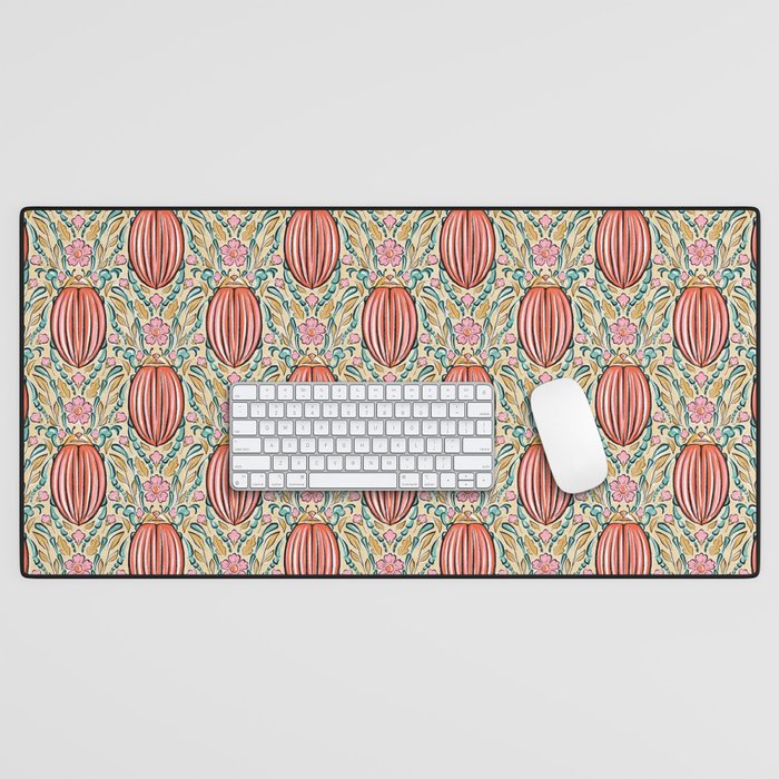 Retro Floral Beetle - pink red gold and teal Desk Mat Gallery Image 1
