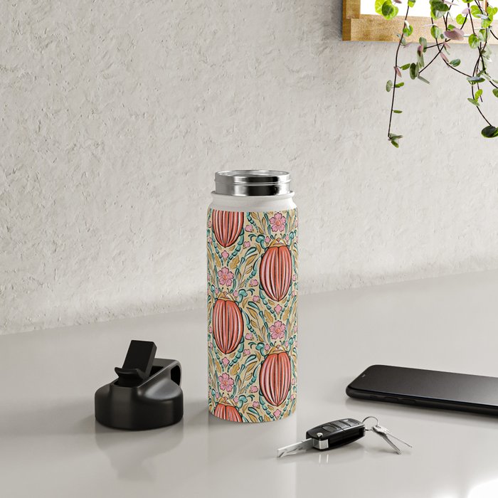Retro Floral Beetle - pink red gold and teal Water Bottle Gallery Image 4