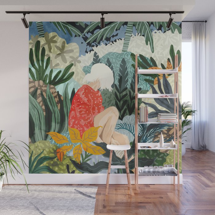 The Distracted Reader | Mindfulness Solo Travel | Bohemian Jungle Botanical Mood | Nature Book Lady Wall Mural Gallery Image 1