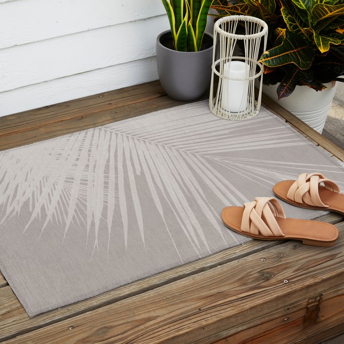 Minimalist palm leaf -neutral beige linen Outdoor Rug Gallery Image 2