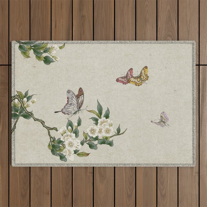 Pear flowers and butterflies type A - Minhwa : Koreafolkpainting Outdoor Rug Gallery Image 1