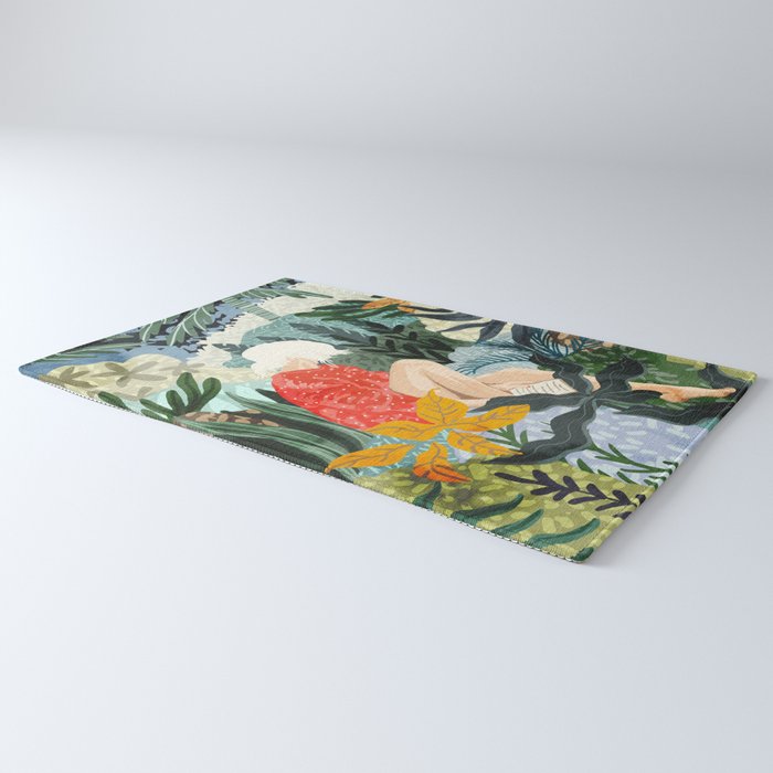 The Distracted Reader | Mindfulness Solo Travel | Bohemian Jungle Botanical Mood | Nature Book Lady Rug Gallery Image 3