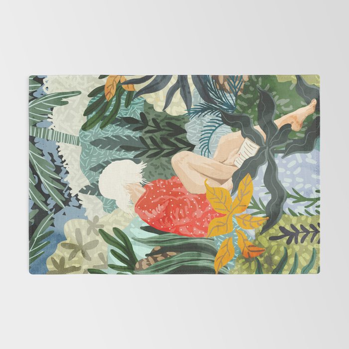The Distracted Reader | Mindfulness Solo Travel | Bohemian Jungle Botanical Mood | Nature Book Lady Rug Gallery Image 2
