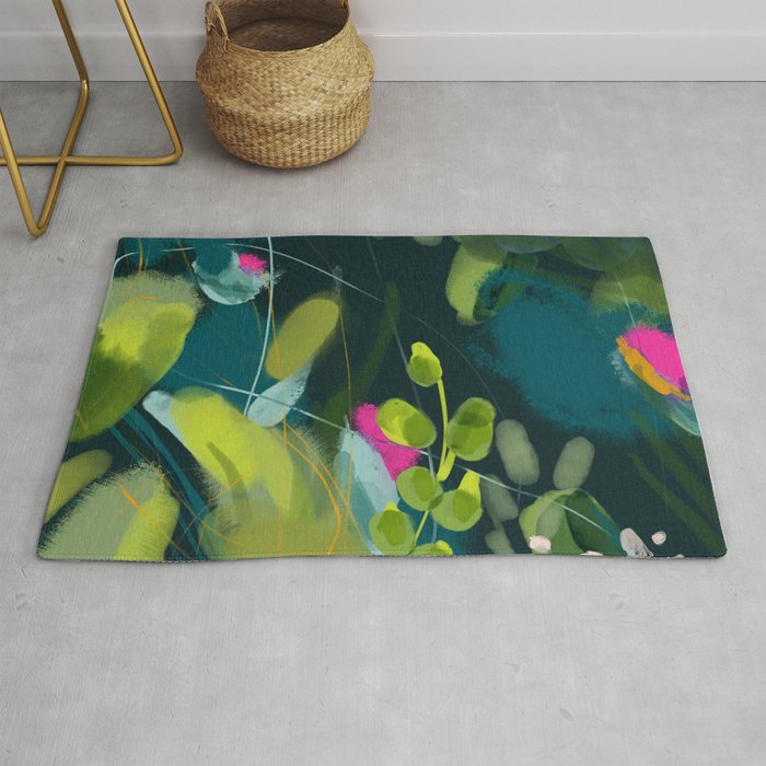 abstract jungle fever leaves in floral green Rug Gallery Image 1