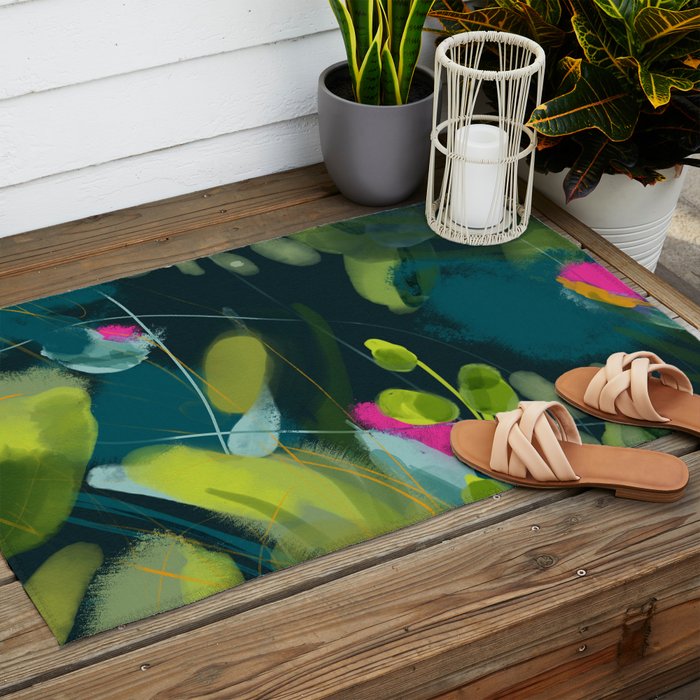 abstract jungle fever leaves in floral green Outdoor Rug Gallery Image 2
