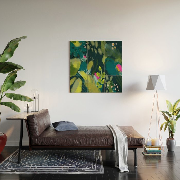 abstract jungle fever leaves in floral green Wood Wall Art Gallery Image 2
