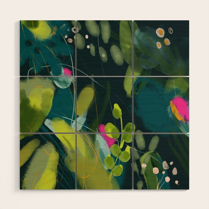 abstract jungle fever leaves in floral green Wood Wall Art Gallery Image 1