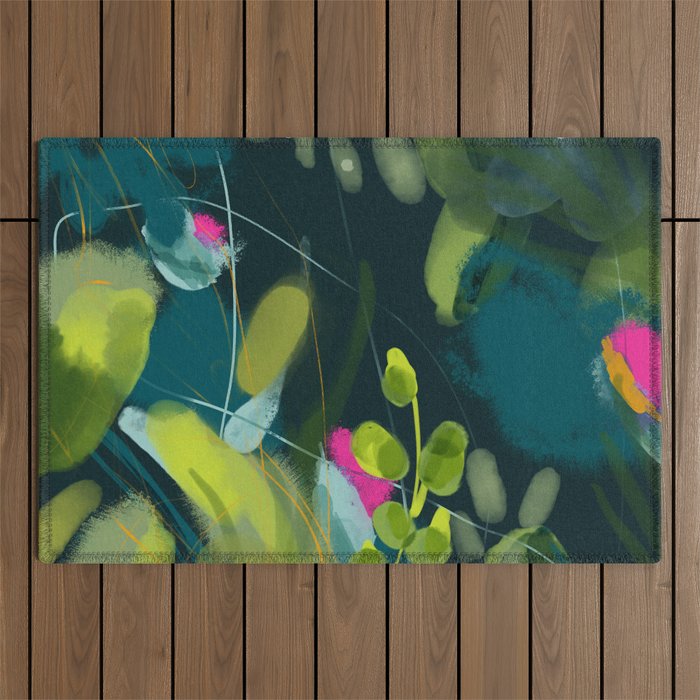 abstract jungle fever leaves in floral green Outdoor Rug Gallery Image 1