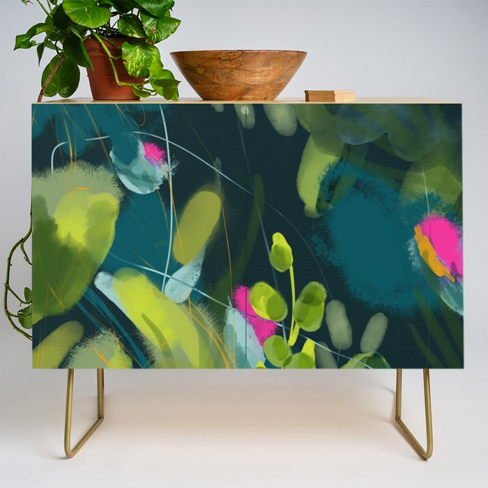 abstract jungle fever leaves in floral green Credenza Gallery Image 1