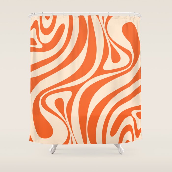 New Groove Retro Abstract Pattern Vertical in Orange Tangerine Cream Shower Curtain Gallery Image 1