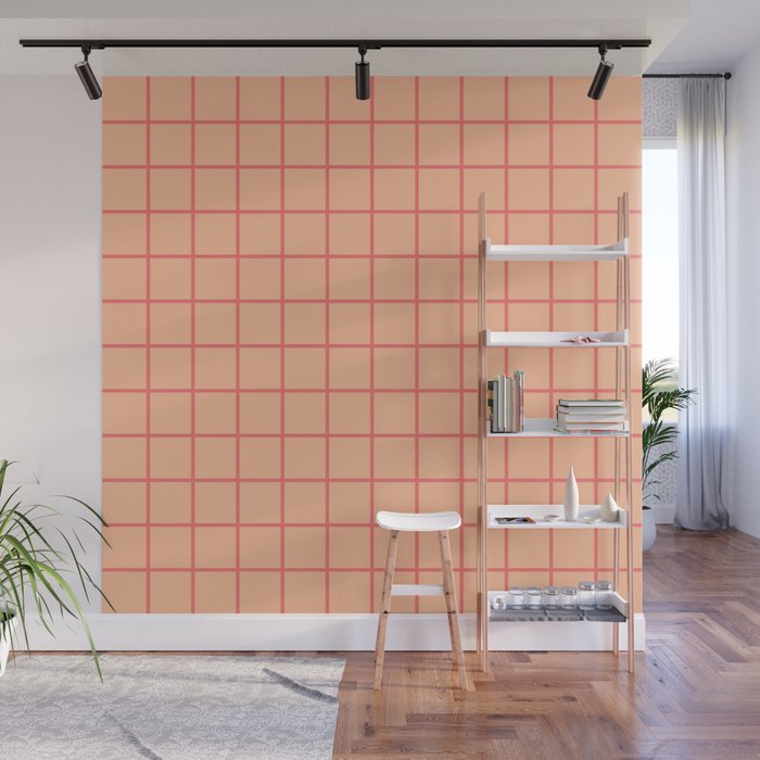 Peach Pink Grid Minimal Geometric Pattern Wall Mural Gallery Image 1