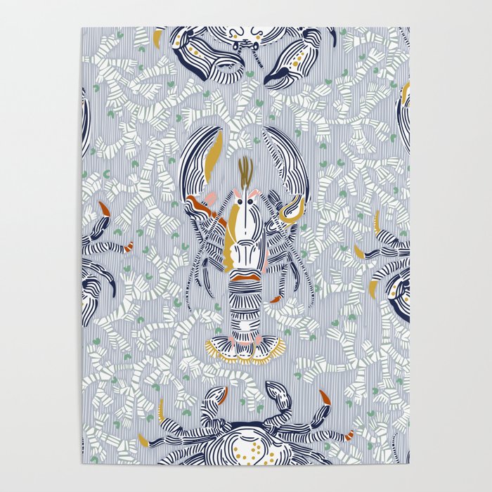 Lobster and crab coastal nostalgia grey Poster Gallery Image 4