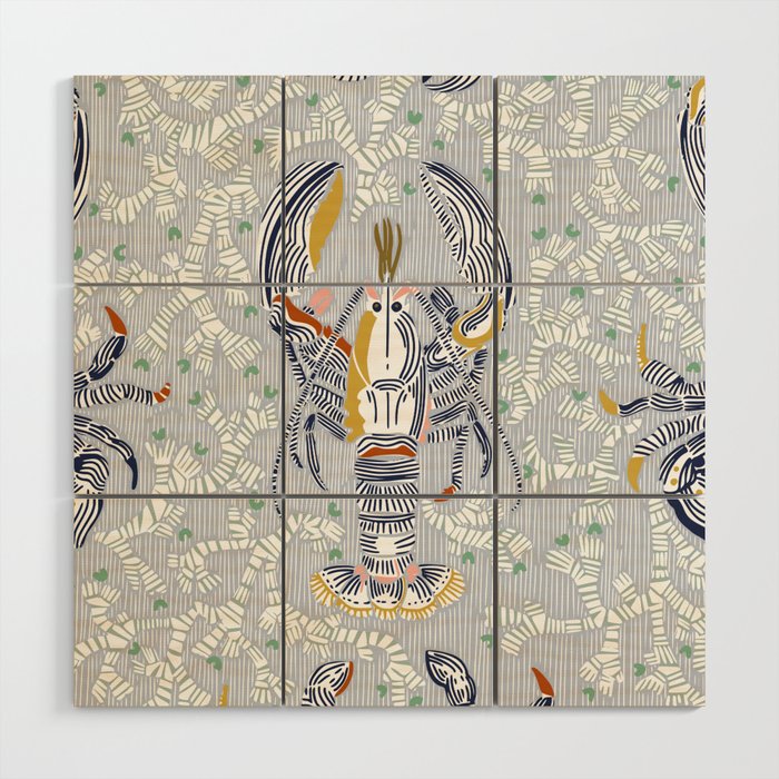 Lobster and crab coastal nostalgia grey Wood Wall Art Gallery Image 1