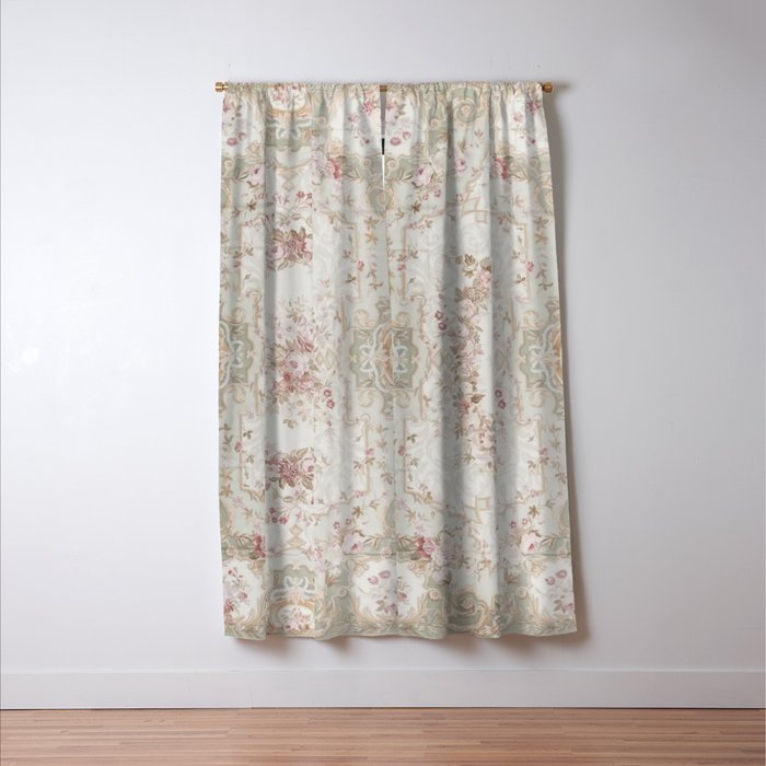 Antique French Aubusson Rose Sage Floral Window Curtain Gallery Image 3