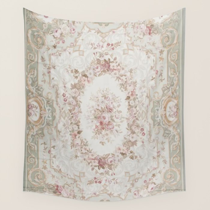 Antique French Aubusson Rose Sage Floral Wall Tapestry Gallery Image 4
