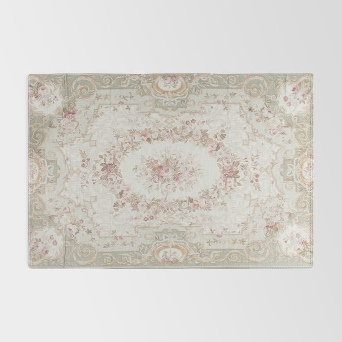 Antique French Aubusson Rose Sage Floral Rug Gallery Image 2