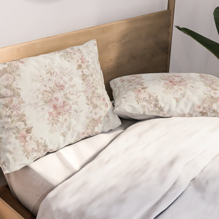 Antique French Aubusson Rose Sage Floral Pillow Sham Gallery Image 2