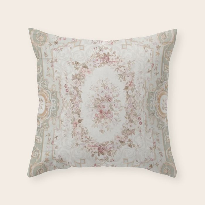 Antique French Aubusson Rose Sage Floral Throw Pillow Gallery Image 1