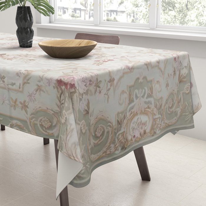 Antique French Aubusson Rose Sage Floral Tablecloth Gallery Image 3