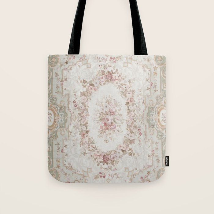 Antique French Aubusson Rose Sage Floral Tote Bag Gallery Image 1
