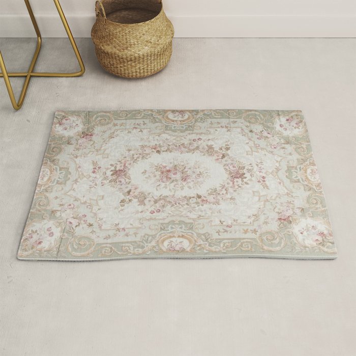 Antique French Aubusson Rose Sage Floral Rug Gallery Image 1