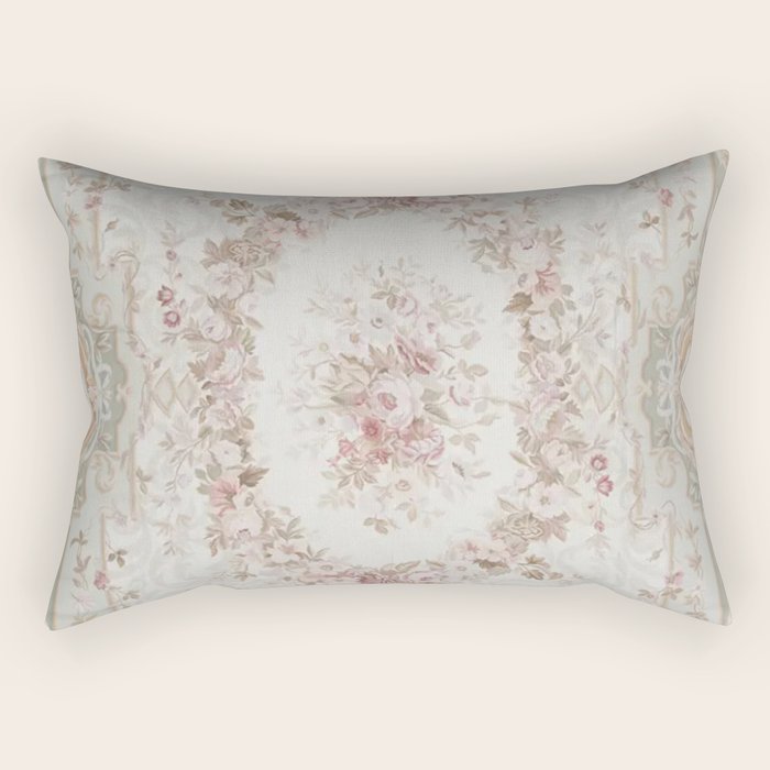 Antique French Aubusson Rose Sage Floral Rectangular Pillow Gallery Image 1